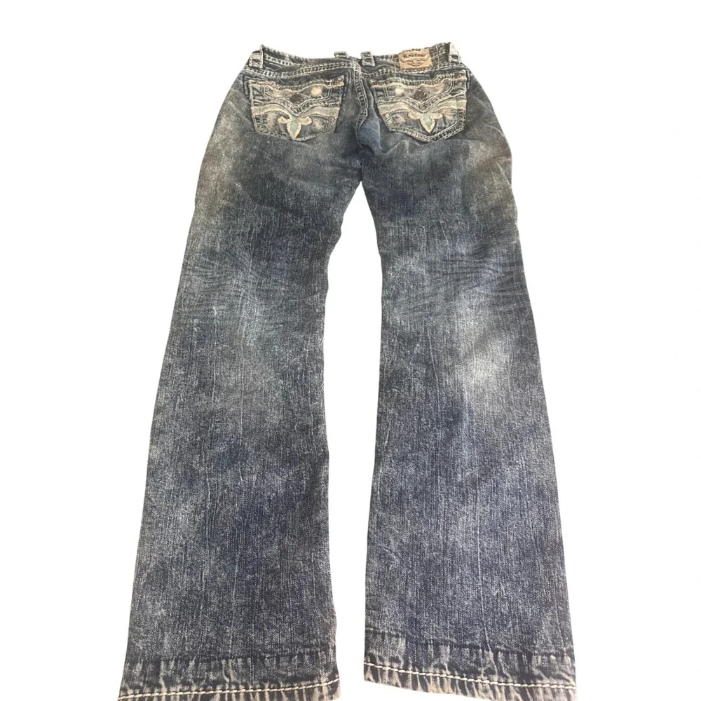 Rock Revival Ledford Straight Leg Distressed Jeans Mens 29 Blue Fleur De Lis
